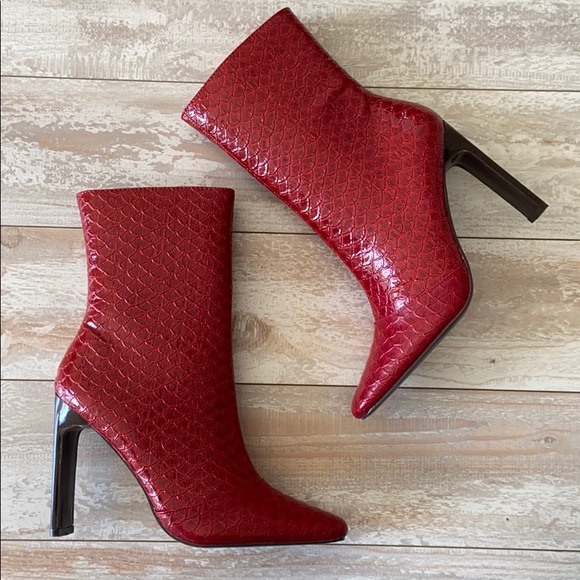 Red Patent Leather Square Toe High Heel Boots - Picture 2 of 13
